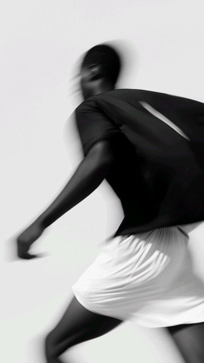 Black-and-white figure in motion, keeping pace through long days