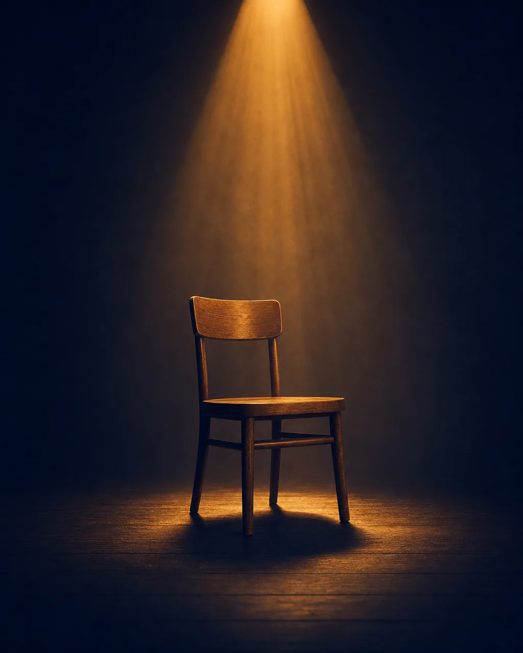 A single wooden chair under a warm amber spotlight on a dark stage, in Passion Struck's golden style