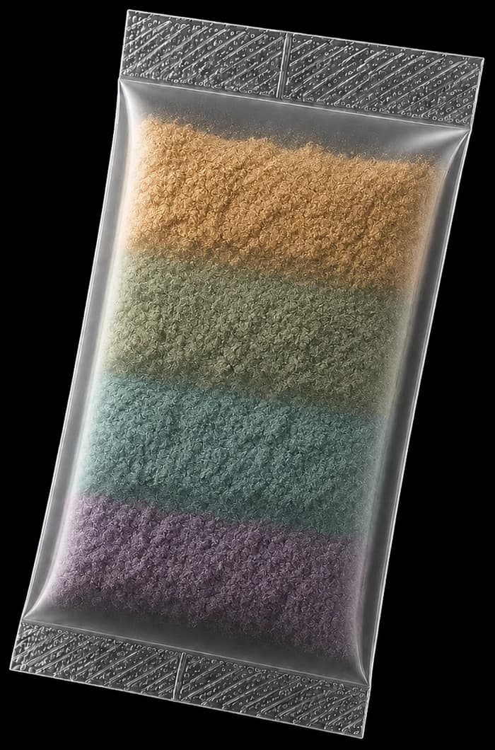 Roon pouch with four ingredient powder layers visible inside